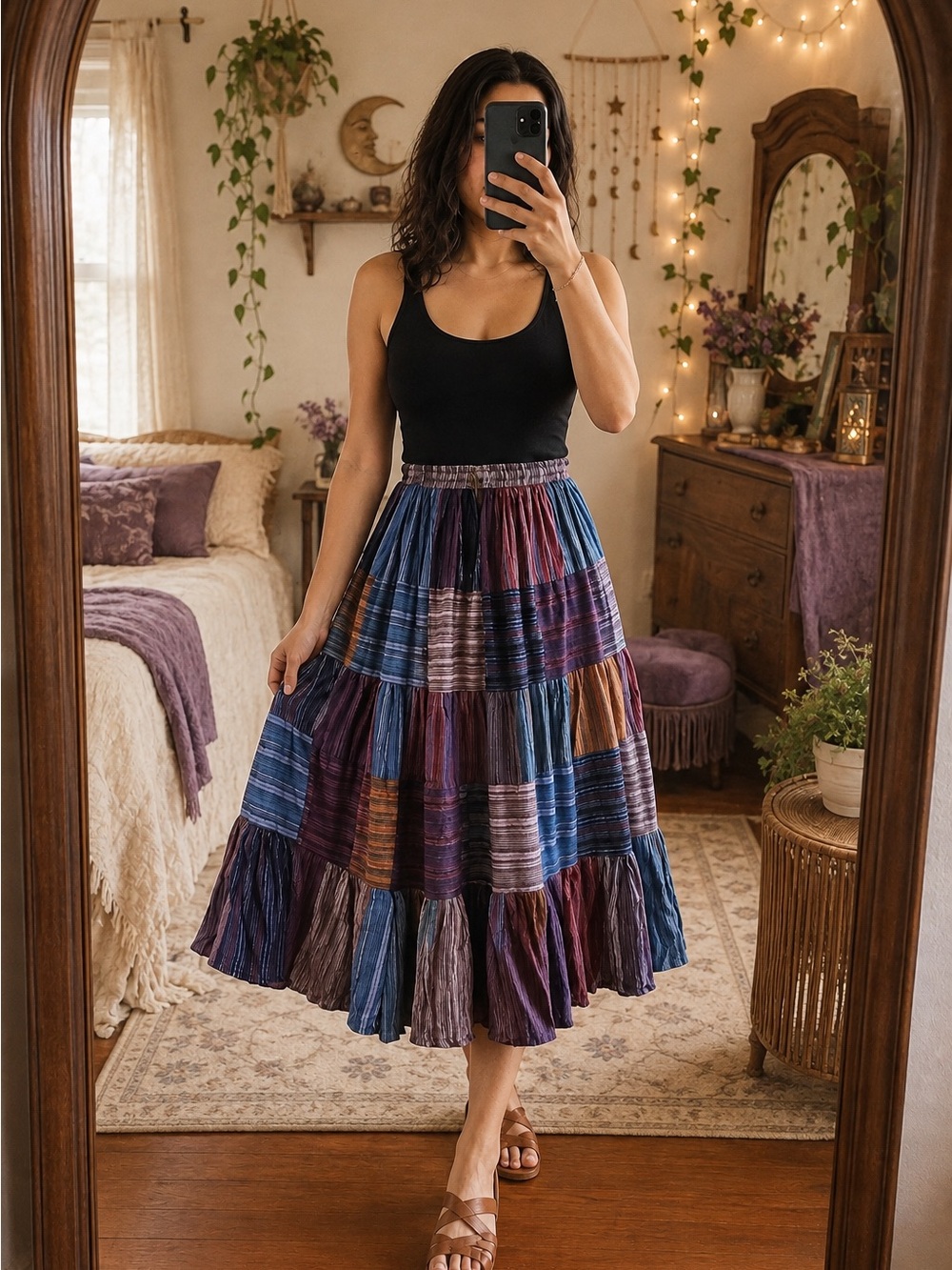 Tiered Patchwork Midi Skirt in Multicolor